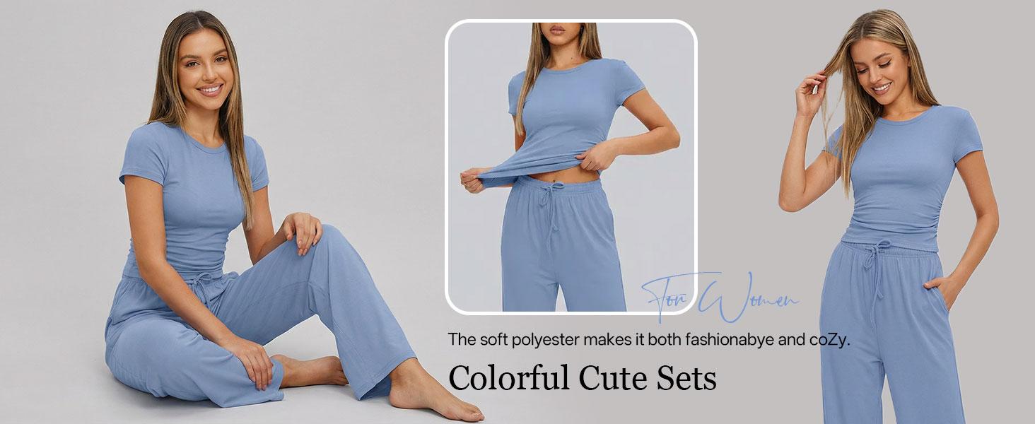 TFNOSIZE Women’s Summer Sports Set – Short-Sleeve Crewneck T-Shirt and Wide-Leg Pants Two-Piece Set, Stretch Fabric, Suitable for Yoga, Casual Wear, Daily Exercise, Fitness, Running, and Fashionable Women’s Clothing Set