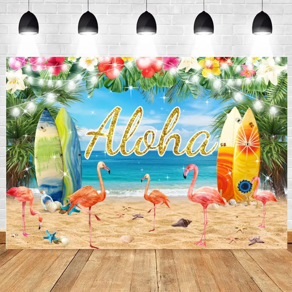 Aloha Tropical Flamingo Photography Backdrop Hawaiian Luau Party Decoration Summer Beach Surfboard Floral Background Pink Flamingo Birthday Banner Tropical Palm Leaves Photo Booth Prop Cake Smash Studio Supplies