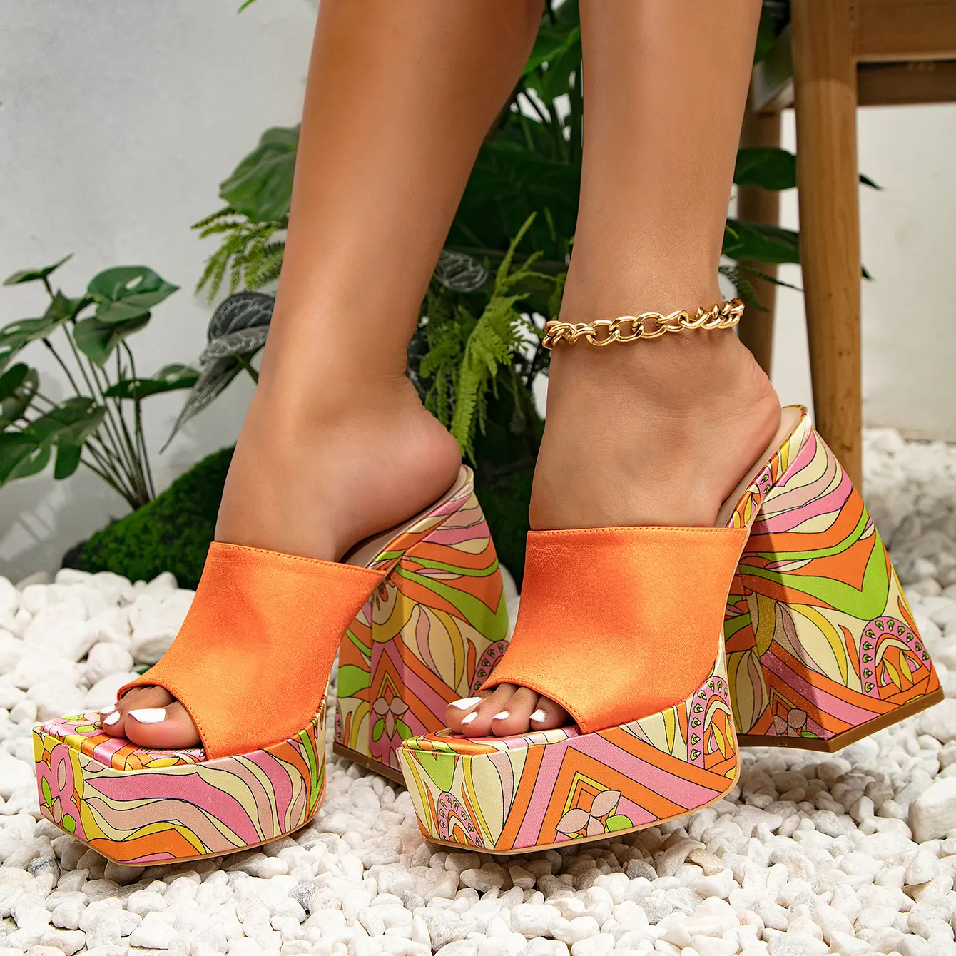 Women's Chunky Wedge Heel Platform Open-Toe Mule Sandals - Summer Casual Slip-On Heeled Footwear for Women classic fashion shoe