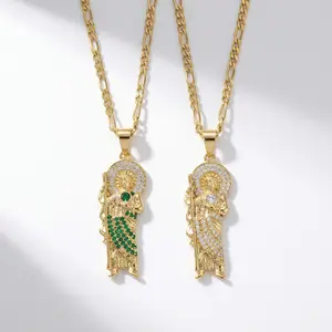 San Judas Pendant Necklace With Handmade Zirconia 14K Gold Plated With Figaro Chain 3,5MM in 22'' Inches No Tarnish High Quality