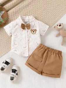 Baby Boy Bear Print Short Sleeve Shirt with Bow Shorts Set, Cute Gentleman Style Summer Comfort Two-Piece, Kids Fashion Clothing