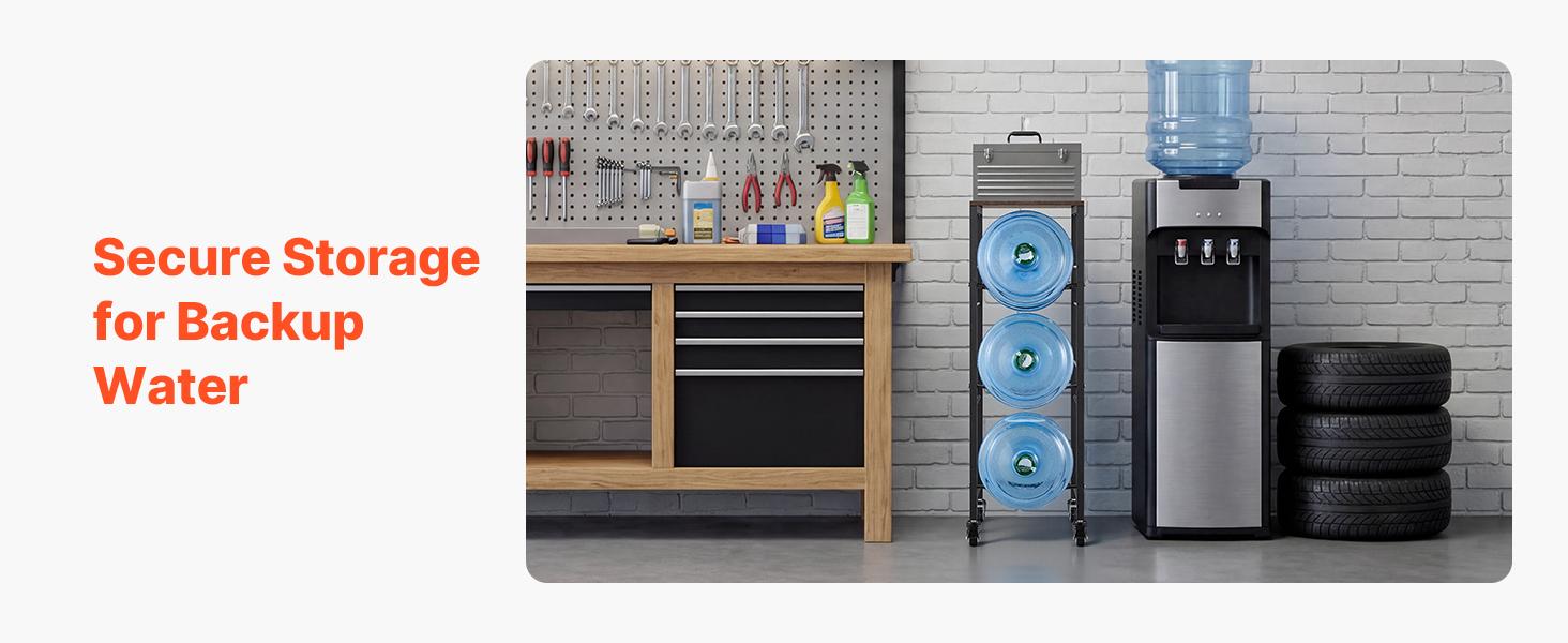 【summerfinds】VEVOR Water Jug Holder, 4 Tiers 3 and 5 Gallon Water Bottle Holder for 3 Bottles, Heavy Duty Jug Rack Organizer with Storage Shelf and Casters, for Kitchen, Office, Living Room, Black and Brown