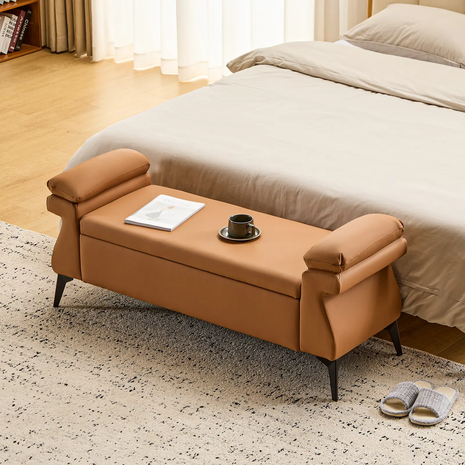 Furnimart 50.5" W Leather Upholstered Storage Ottoman Bench with Arms - Footstool with Storage, Soft Cushioned End of Bed Bench for Bedroom, Entryway