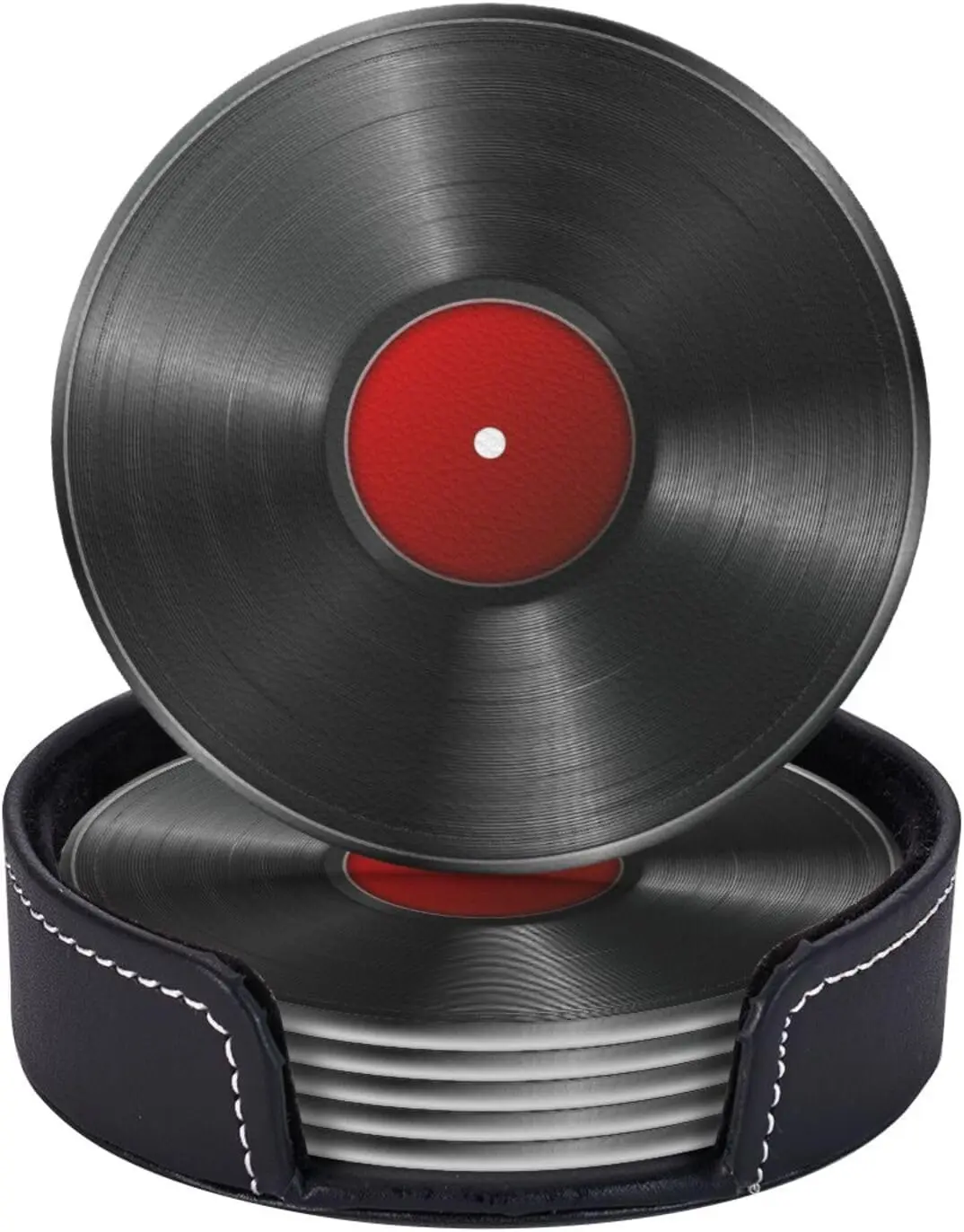 Drink Coasters with Holder Stand Set of 6, Phonograph Record Vinyl Pu Leather Absorbent Coasters with Cork Base Round Table Coaster for Housewarming Apartment Kitchen Bar Decor