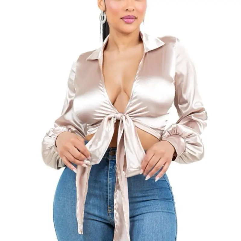 Claudia Top -SOLID-SATIN KNOT FRONT CROP BLOUSE  Solid &amp; Satin fabric Front knot tie Fashion cropped top Plunging &amp; V-neck open front line Collared neck detail Model is wearing a size S (5'7"-34-26-39) Fabric Contents:  95% POLYESTER / 5% SPANDEX