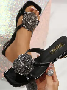 2026 Summer New Rhinestone Flower Faux Leather Sandals for Women, Square Toe Low Heel Slip-On, Anti-Slip Soft Sole, Wide Fit Friendly Shoes
