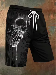 Men's 3D Print Skull Head Summer Beach Pants, Adjustable Drawstring Waist, Perfect for Beach and Summer Outings