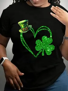 Plus Size - Plus Size - Plus Size Women'S Green St Patrick'S Day T-Shirt |   Short Sleeve Crew Neck with Sparkling Heart and Clover Design, Four Leaf Clover, Leprechaun Hat, Symbolizing Luck and Celebration, Perfect for Parties, Festivals