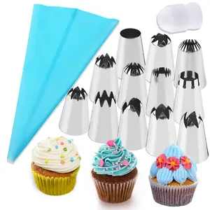 14pcs/set, include 12pcs Large Piping Tips, 1pc Silicone Pastry Bag and 1pc Adapter, Stainless Steel frosting tips with Reusable Pastry Bag, Cake Decorating Tips Set for DIY Pastry Dough, Cookie, Cupcake, Cake