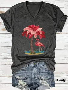 Women's Flamingo & Coconut Tree Print V-neck Tee, Casual Fashion Short Sleeve T-shirt for Summer, Ladies Clothes for Daily Wear, Top