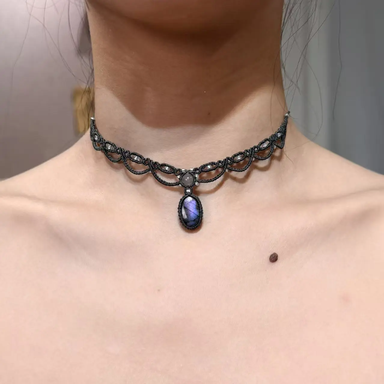 Labradorite Macrame Necklace - Handcrafted Custom Made Jewelry, Decorative Fashion Minimalist Necklace, Boho Ethnic Magic Stone Jewelry, Made to Order Macrame Craft Gift