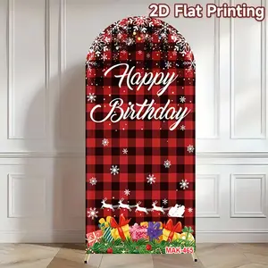 Christmas Happy Birthday Red Grid Arch Backdrop Cover for Christmas Birthday Party Festival Celebration Decor Background