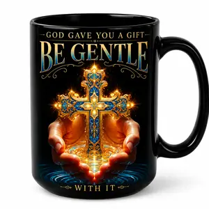 Faith Cross Mug, Black Ceramic Coffee Cup 11oz/15oz with God Gave You A Gift Be Gentle With It Design, Christian Gift for Women, Friends