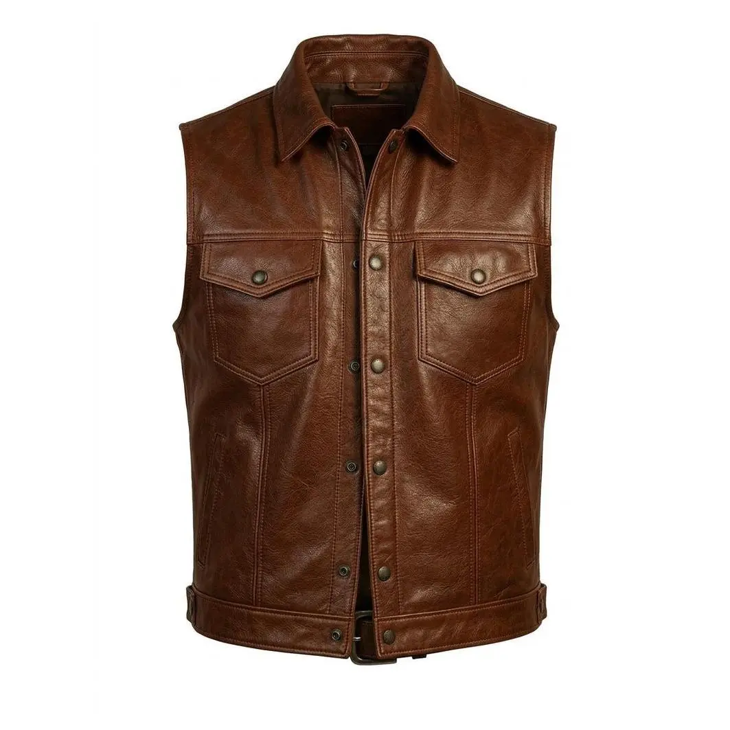 Men's Brown Leather Vest Western Cowboy Style Motorcycle Biker Slim Fit Waistcoat Vest
