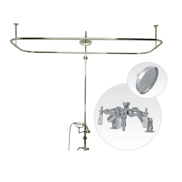 Side Deck Mount Clawfoot Tub Shower Enclosure with Downspout Faucet and Rain Shower Head