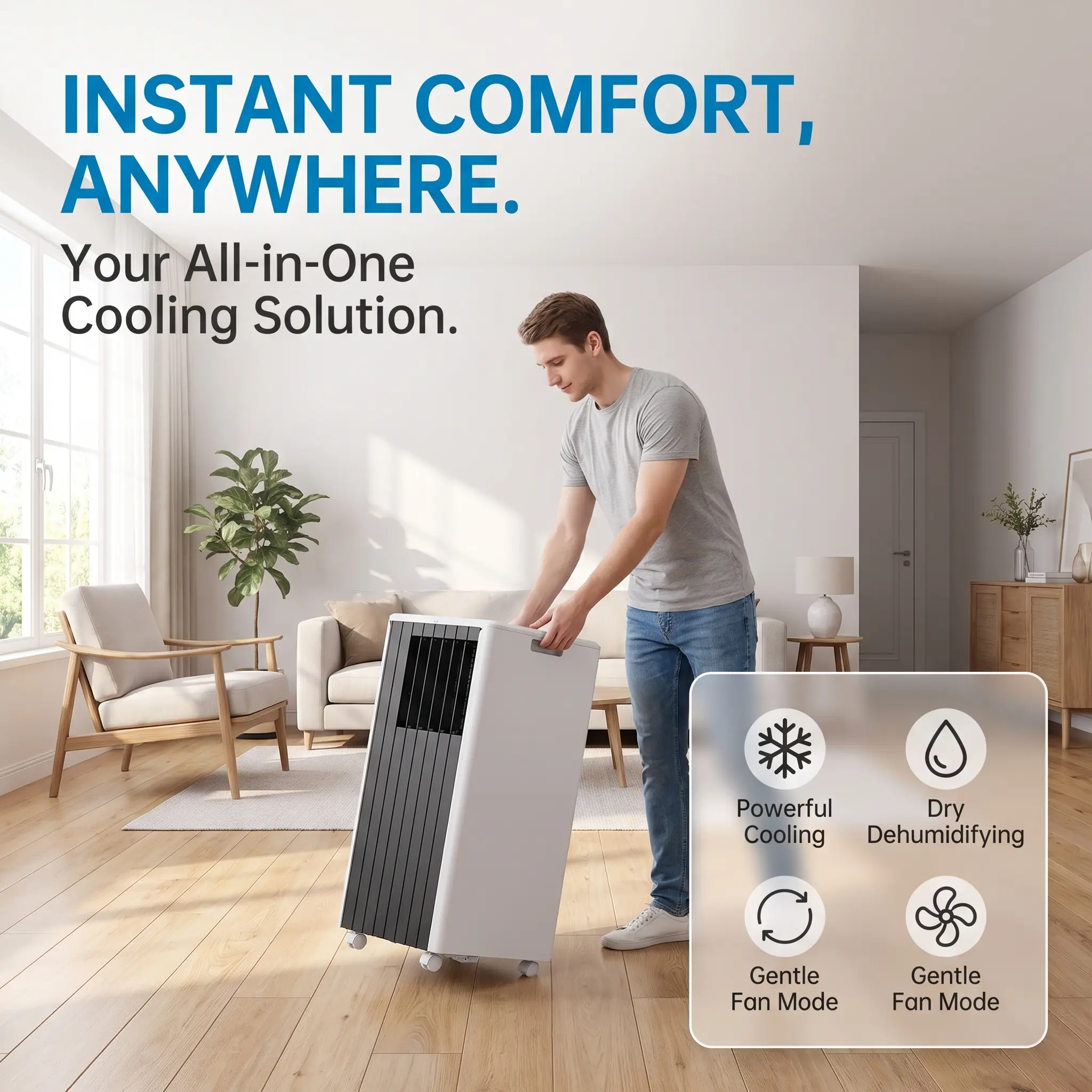 Garvee 8K BTU Portable Air Conditioner, Fast Quiet Cooling 4-in-1 AC Unit, Dehumidifier & Fan Modes, LED Display, Remote Control, 24H Timer, 4-Way Auto Swing, 360° Swivel Wheels, Complete Window Installation Kit for Bedroom, Office & Home