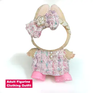 Pastel Pink Tweed Dress Outfit for 15cm Plush Collectible Dolls, Luxury Bow Costume for Collectible Figurines, Kawaii Aesthetic Accessory for Custom Display & Shelf Styling