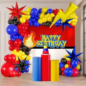 Red Yellow Blue Black Balloon Garland Kit 130Pcs With Flash Lightining Fire Starburst Mylar Balloons For Cartoon Birthday Poke Theme Ball Party Decorations