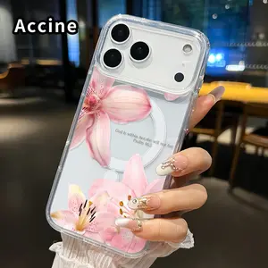 Clear Magnetic Case for iPhone 17 Pro Max 17 Air Pink Peach Pattern Acrylic Hard Back Soft Silicone Edge Bumper Sockproof Cover Protective Shockproof