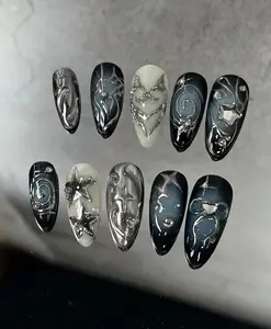 Cat Eye Press On Nails Y2K Black Chrome Leopard Print 3D