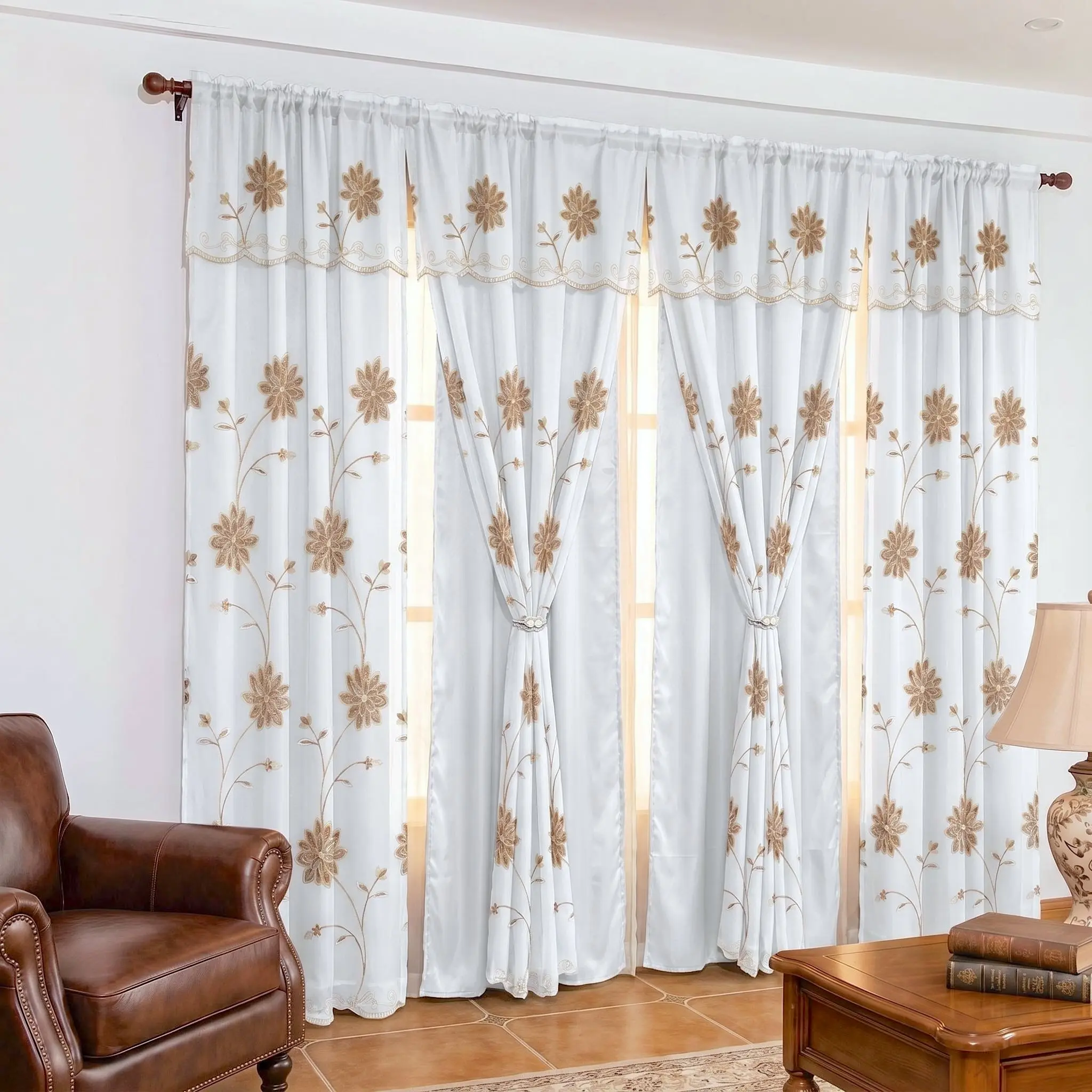 4-Panel Double Layer Floral Vine Embroidery Drapes with Waterfall Valance & Rod Pocket, 52x84 in, Anti-Shrink Breathable Decor for Living Rooms, Bedrooms, QF36 Summer Household Textile Accessory (Do Not Bleach)