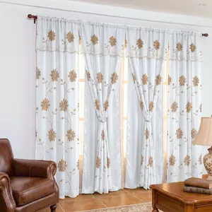 4 Panels Double Layer Floral Vine Embroidery Curtains with Waterfall Valance & Rod Pocket, 52"x84", Decorative for Living Rooms, Bedrooms, QF36 Summer Home Textile Accessory