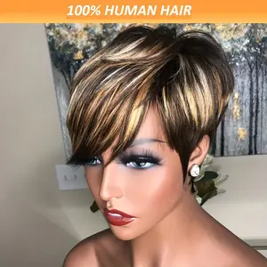 Hot New Arrived Elegant Pixie Cut Wig for Women - Human Hair, Straight, Rose Net Cap, 200% Density, Layered Color, Short Wig with Bangs, Glueless Hair Replacement, Full Machine Made, Suitfor African Women