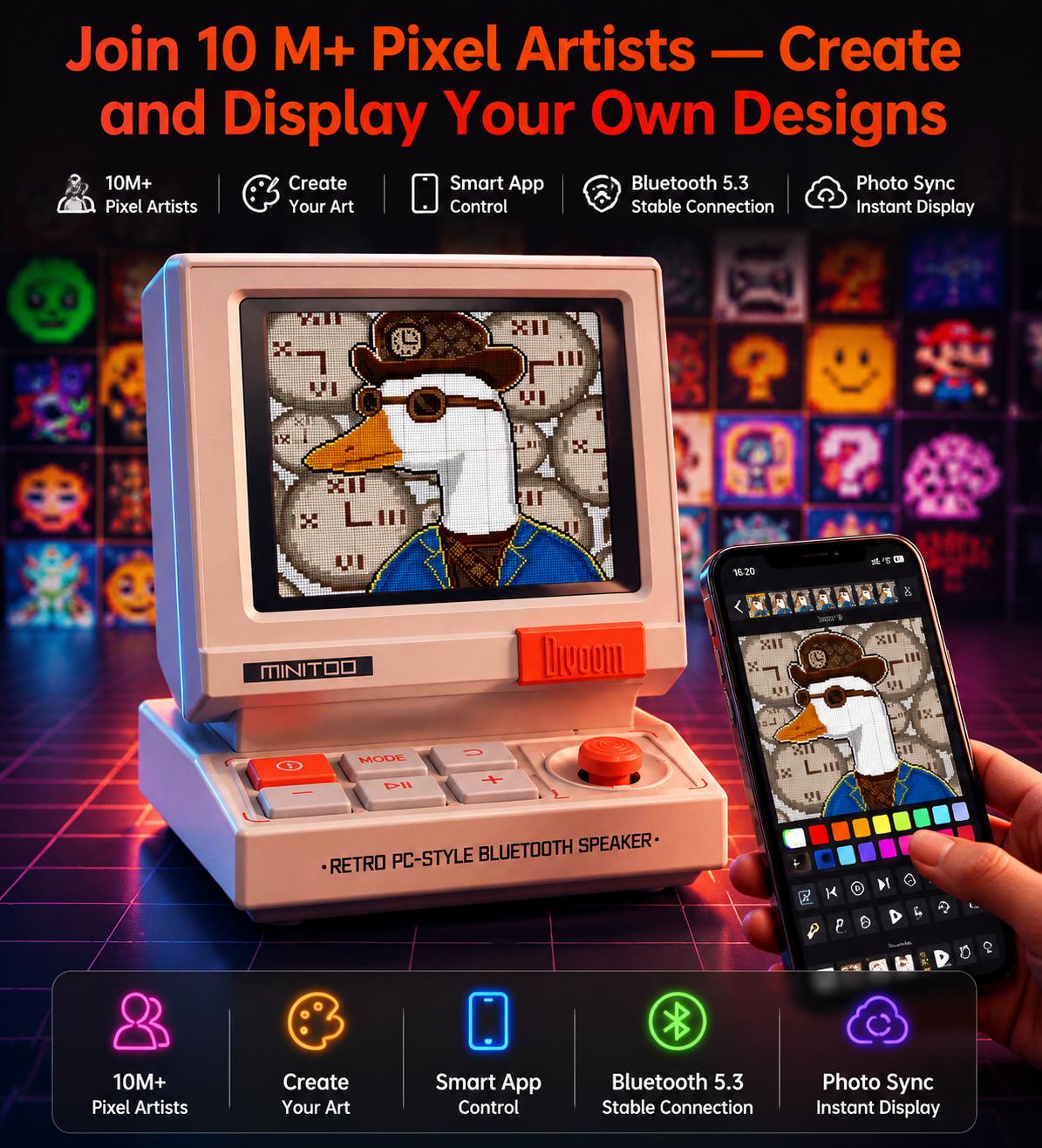 Divoom MiniToo Retro Pixel Bluetooth Speaker – 90s-Inspired PC Design,App Control, Alarm, White Noise, Retro Desk Portable Speaker for Music,Gaming Room Decor