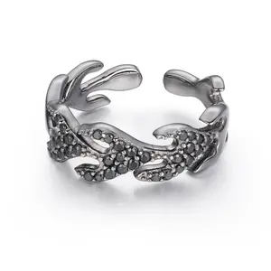 【#R288B 】Vintage Luxury S925 Wrap Open Ring for Women Men with Black Synthetic Moissanite Hip Hop Finger Fine Jewelry Wedding Gift