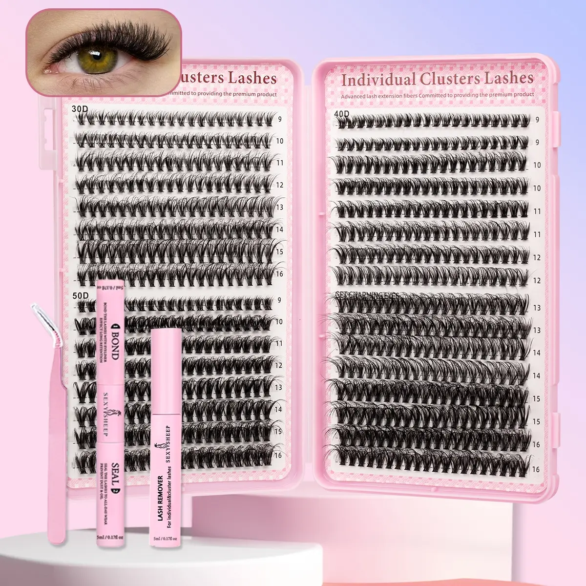 Plush Curled False Eyelashes, 9-16mm Mixed Lengths Personal Makeup Lashes, 640 Clusters, Lightweight Enhancer Set, Fluffy D Curl, Cosmetic Extension Strips