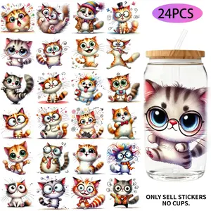 UV DTF Transfer Stickers - 24 Pieces/Set, Funny Cat Theme, UV DTF 16OZ DIY Transfer Stickers Suitable For 16-Ounce Water Bottles, Glass Bottles, Laptops, Home Decor DIY, High-Adhesion Transfer Paper, Decal Sticker, Durable Adhesive Stickers, Crafts
