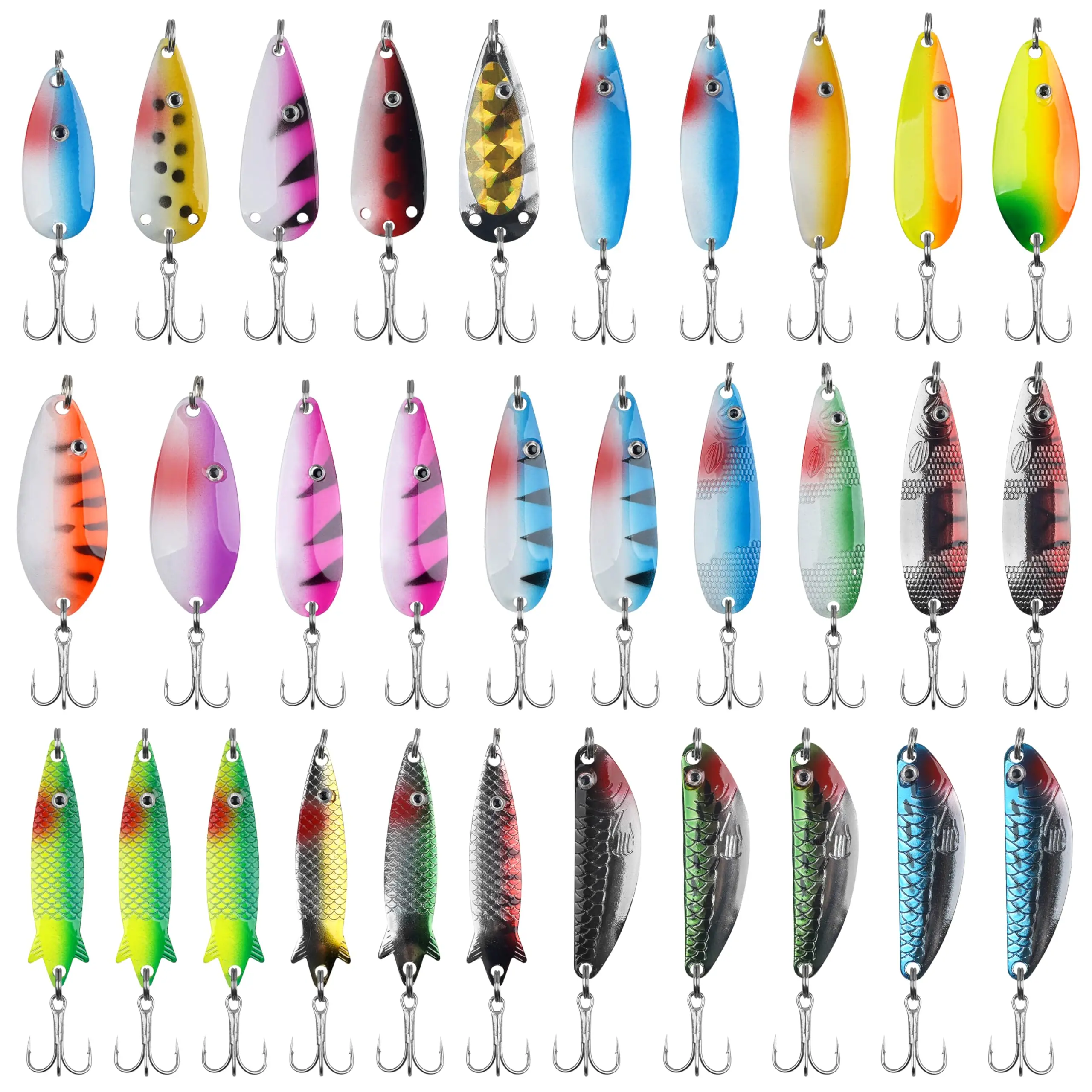 Fishing Spoons Lures Kit 30pcs Hard Metal Colorful Spinner Baits Casting Trolling Trout Spoon Fishing Lures for Bass Salmon Pike Walleye