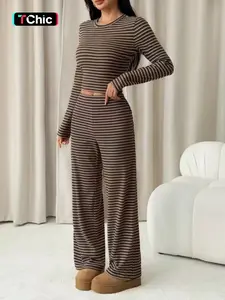 Women's Casual Striped Long Sleeve Top and Pants Set, Womenswear, Slim Fit for Daily Wear, Stylish Comfortable Two-Piece Set Outfit