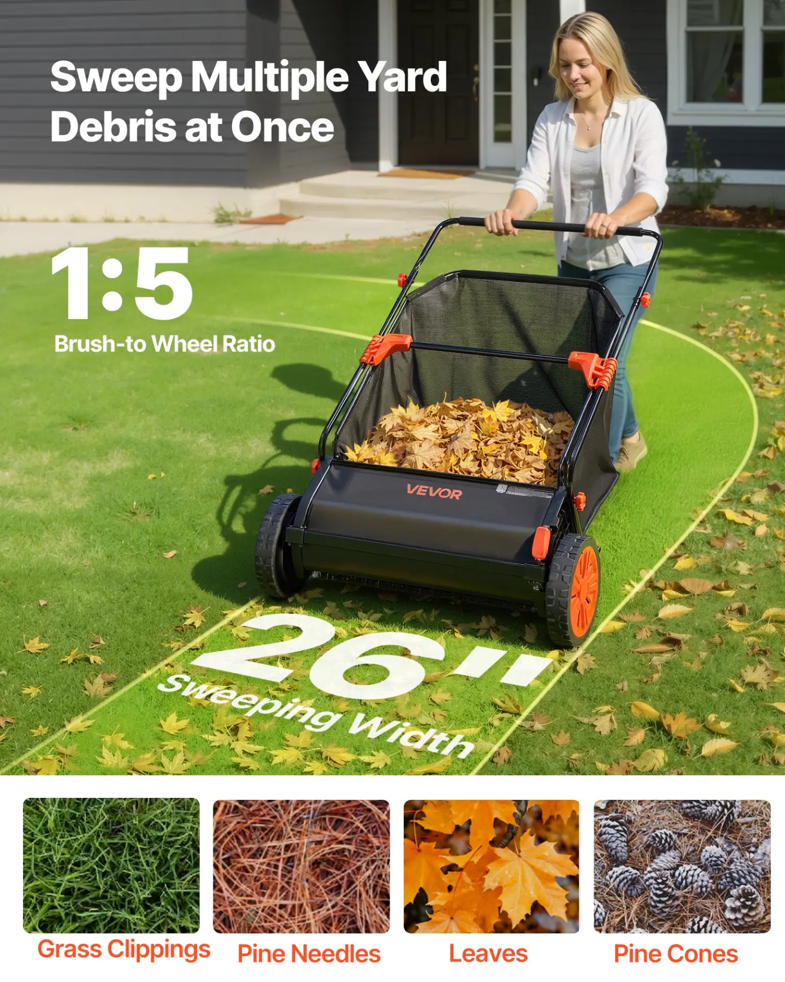 VEVOR 26-Inch Push Lawn Sweeper – 7 Cu. Ft. Hopper Bag Leaf & Grass Collector