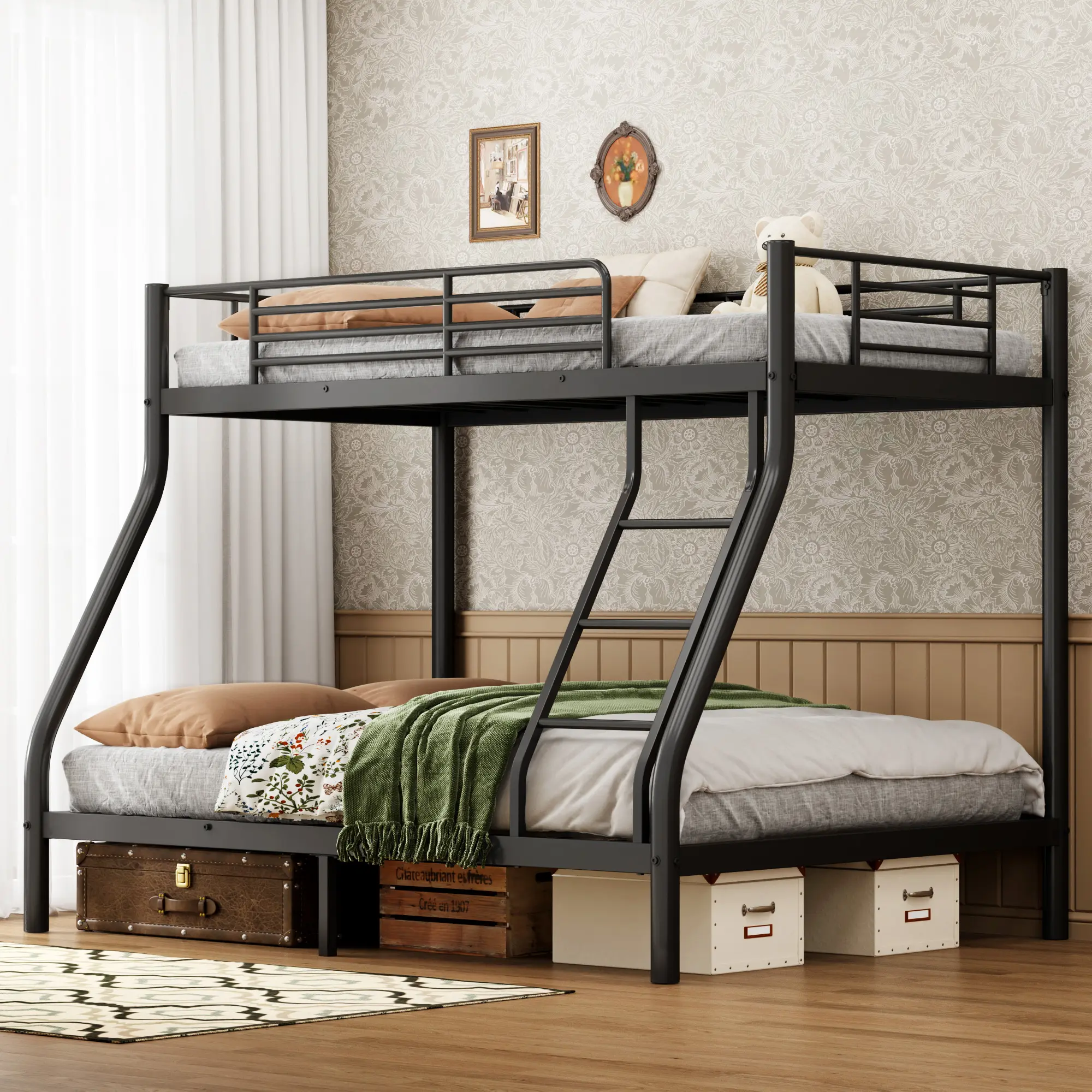Bunk Beds Twin Over Full Size, Quiet & Sturdy Space-Saving Metal Bunk Bed with 9.8-Inch Guardrail and Ladder for Kids, Teens, And Adults, Black/White Heavy-Duty Frame with 400 lbs Capacity for Small Bedrooms & Shared Rooms