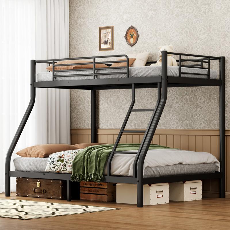 Bunk Bed Twin Over Full Size, Quiet & Sturdy Space-Saving Metal Bunk Bed with 9.8-Inch Guardrail and Ladder for Kids, Teens, And Adults, Black Heavy-Duty Frame with 400 lbs Capacity for Small Bedrooms & Shared Rooms
