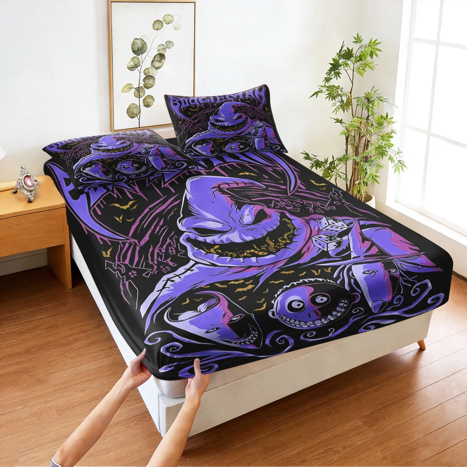 Dark-themed, Whimsical Print Fitted Sheet Set, Decorative Bedsheet Sets, Bed Sheets Set, Includes 1 Fitted Sheet & 2 Pillowcases without Filler, Halloween Elements, Gothic Style, Gothic Aesthetic, Warm And Pill-resistant