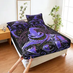 Dark-themed, Whimsical Print Fitted Sheet Set,Includes 1 Fitted Sheet & 2 Pillowcases without Filler,halloween Elements,unique And Distinctive,gothic Style,warm And Pill-resistant,the Perfect Gift For All Seasons