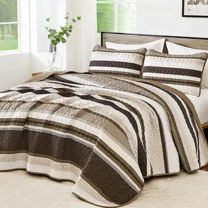 Brown Quilt Set  Size,3 Pieces Striped Bedspread Coverlet Set with Shams, Lightweight Summer  Set11090"