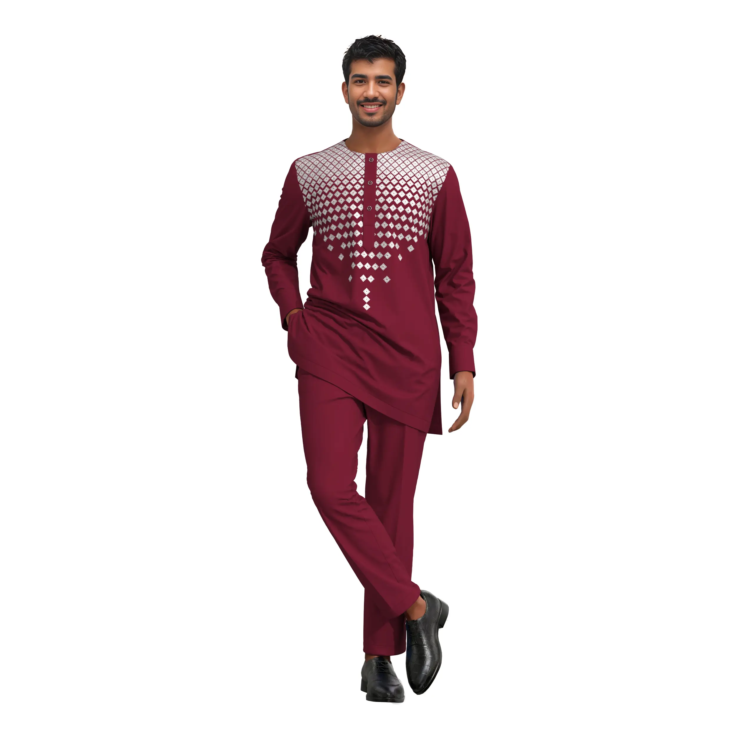 African Men Traditional Outfit 2 Piece Set, Gradient Diamond Silver Foil Print Stand Collar Long Tunic Straight Pants, Muslim Islamic Prayer Suit