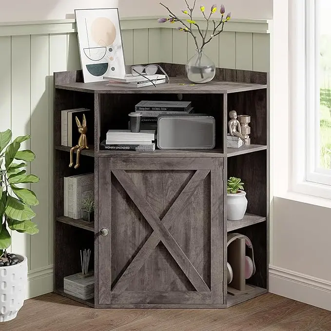 [Summergarden] Vabches Industrial Corner Cabinet with USB Ports & Outlets - 6-Cubby Wooden Bookshelf for Organization, Small Space Storage Shelf for Study, Living Room, Six Cubby Shelves