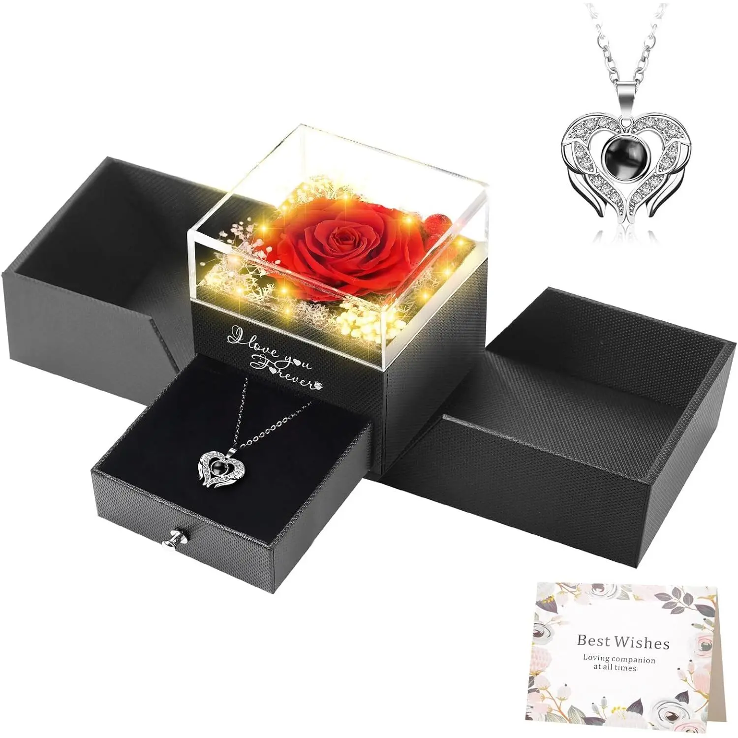 Lighted Preserved Real Rose  with I Love You Heart Necklace, Anniversary Birthday Gifts for Women Girlfriend Wife Mom Grandma,Valentines Mothers Day, Red