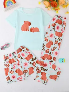 Casual Capybara Pattern Printed Round Neck Short Sleeve Pullover and Shorts Pants Sleepwear Set, Pajama Set, All Seasons Wear