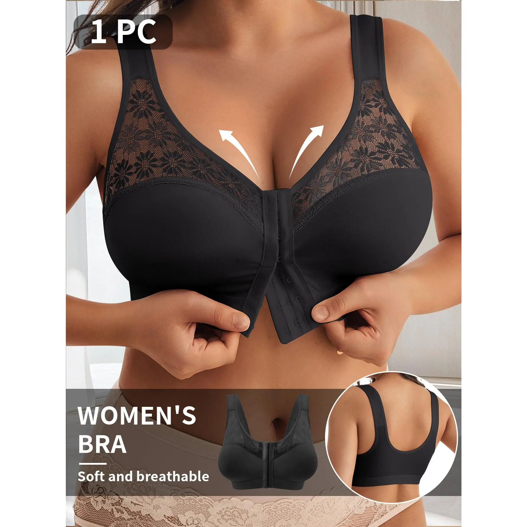 QUASTI Women's Plus Size Front Closure Wireless Bra - Racerback, Smooth, Basic, Lightweight, Stretchy, Lace Full Coverage Seamless Unlined Sheer Mesh, Comfortable Everyday Support, Women's Clothes, 1XL-5XL, Do Not Dry Clean