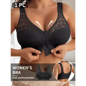 QUASTI Women's Plus Size Front Closure Wireless Bra - Racerback, Smooth, Basic, Lightweight, Stretchy, Lace Full Coverage Seamless Unlined Sheer Mesh, Comfortable Everyday Support, Women's Clothes, 1XL-5XL, Do Not Dry Clean