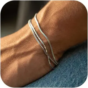 3 Pcs Mens Bracelet - Dainty Gold/Silver Chain Bracelet Stack 14K Gold Plated Silver Bracelets for Men Stainless Steel Adjustable Bracelet Gold/Silver Snake Jewelry Set to Men Dad