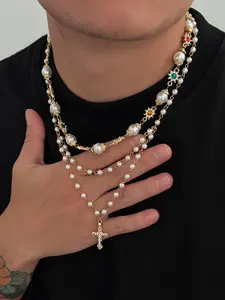 Trendy Hip Hop Cross Pendant Fashion Necklace Set, Faux Pearl Rhinestone Embellished, Casual Vintage Design, Daily Party Jewelry Gift for Men