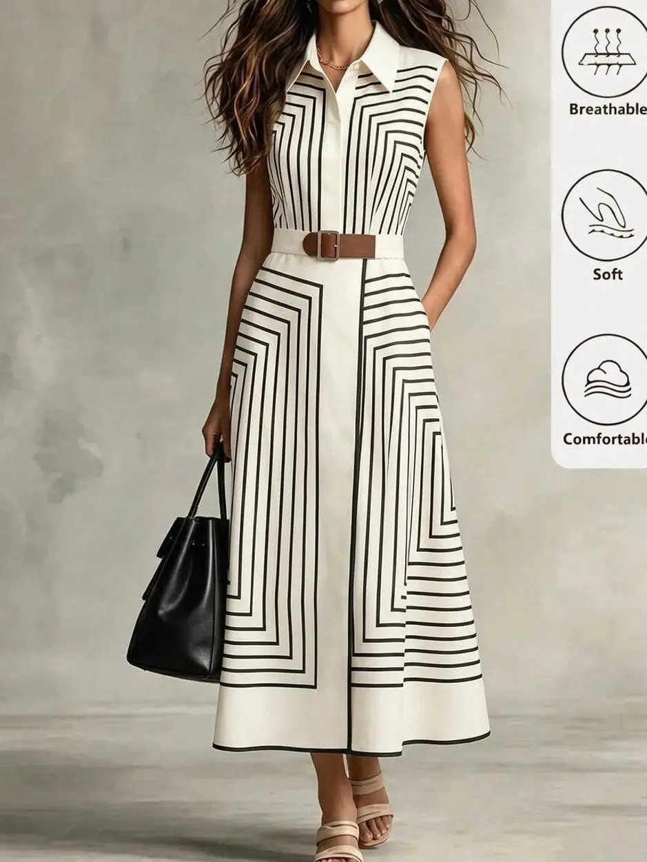 Women's Geometric Striped Sleeveless Midi Shirt Dress, Belted A-Line Elegant Dress for Work, Vacation, and Casual Summer Outings