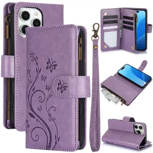 PU Leather Wallet Phone Case with Butterfly Flower Design, Zipper Closure, Fits iPhone Models 2020-2022, Includes Lanyard and Stand