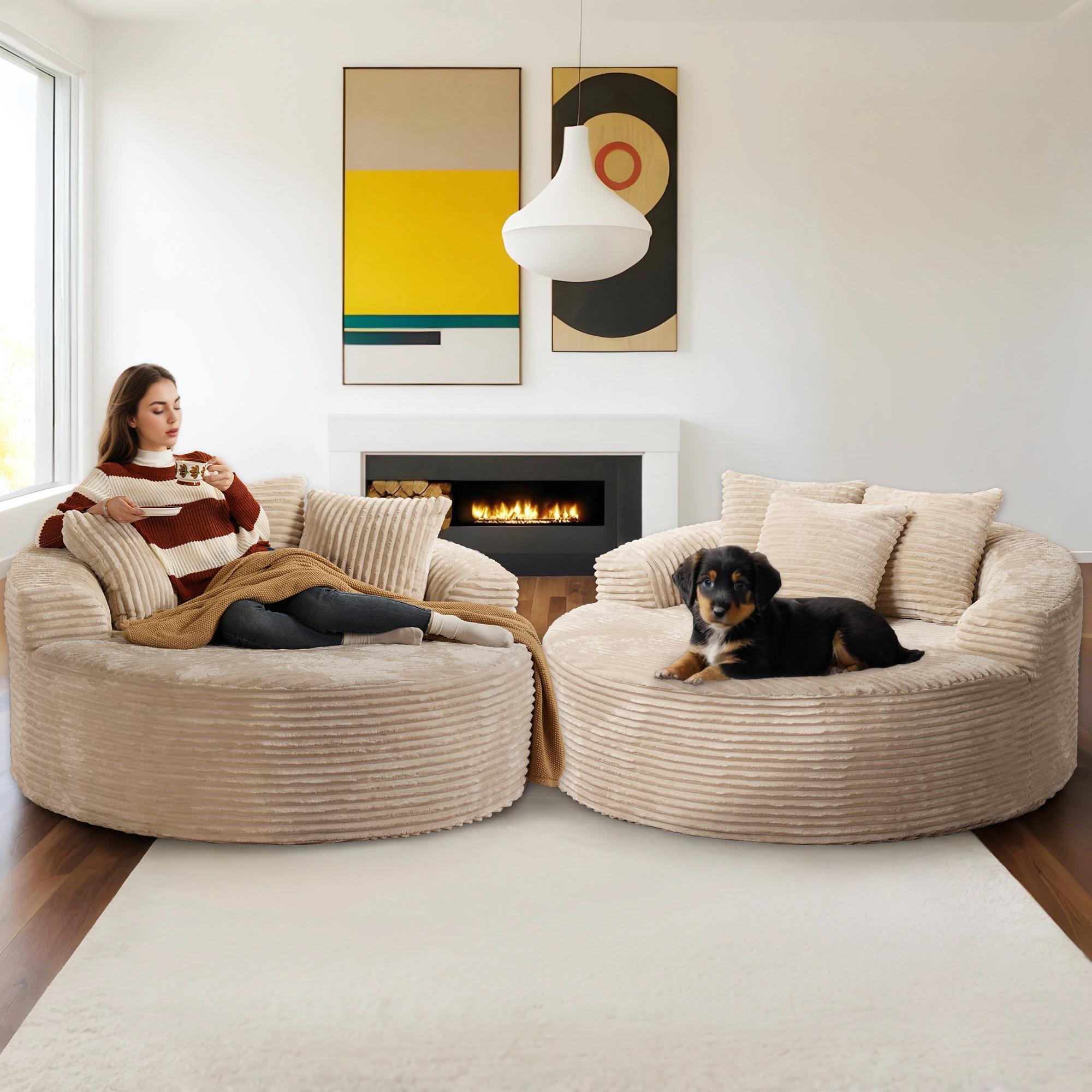 【Stock Up Sale】Ovios 59" W Oversized Round Sofa Bed - Fluffy Lazy Bean Bag, Modern Deep Seat Couch for Relaxation, Plush Corduroy Fabric, 3 Pillows Included, No Assembly Required